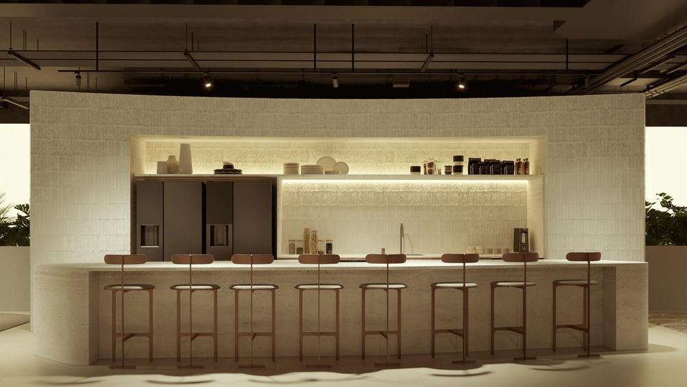 Projeto de loja: bancada de travertino com oito banquetas e um nicho iluminado