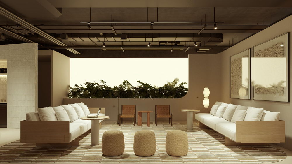 Projeto de loja: lounge com dois sofás brancos frente a frente e pufes de palha