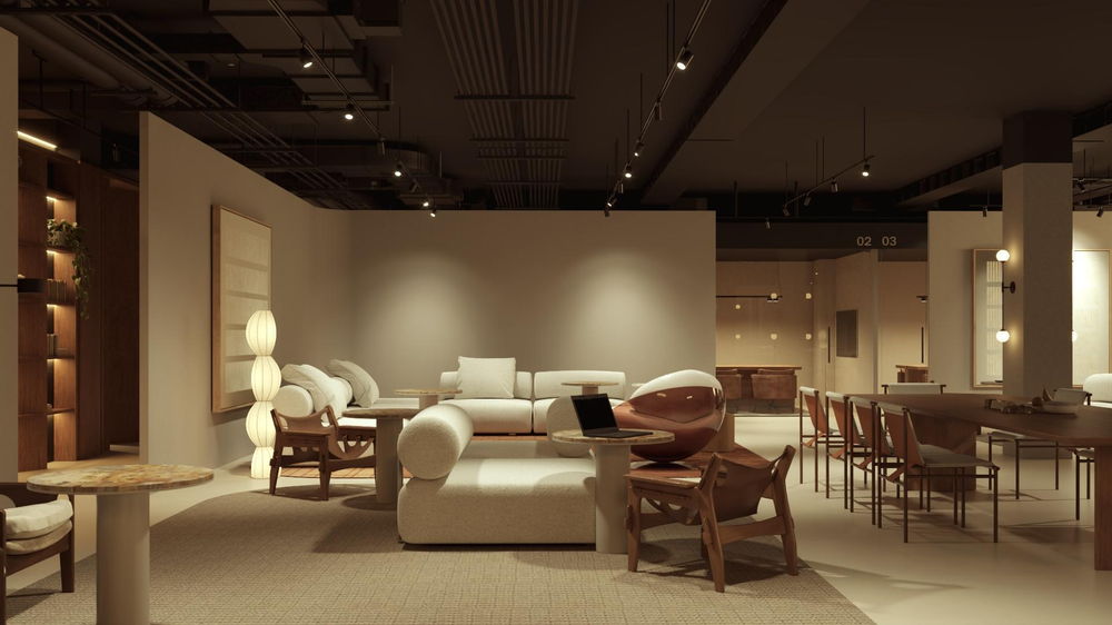 Projeto de loja: poltronas e luminárias de papel diante das salas de reunião
