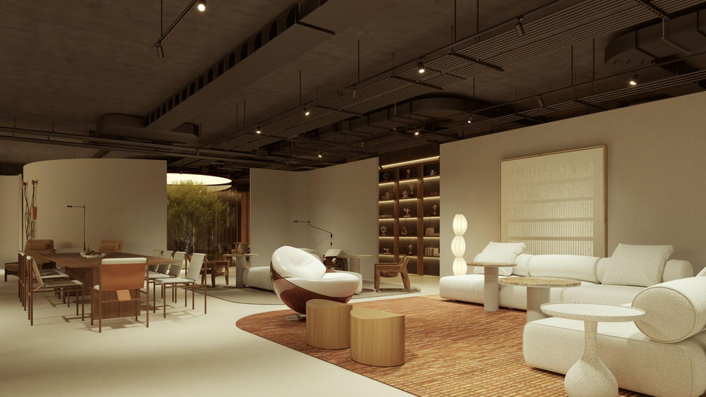 Projeto de loja: vista ampla do lounge, da mesa de reunião até os sofás e o tapete terracota